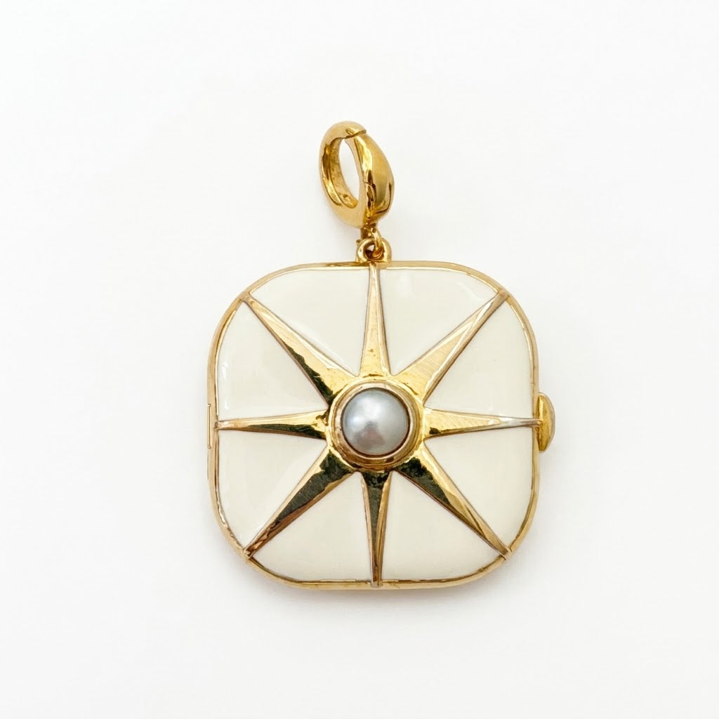 White Pearl Enamel Locket Charm- Large